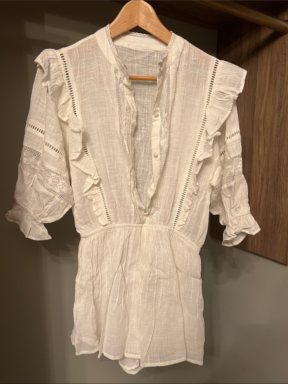 Women's White Ruffle Romper - Lightweight Textured Jumpsuit